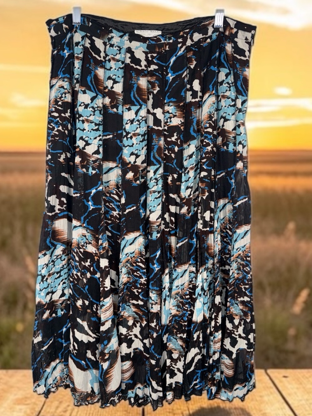 Alberto Makali Abstract Pleated Midi Skirt - Blue/Black/Cream/Brown